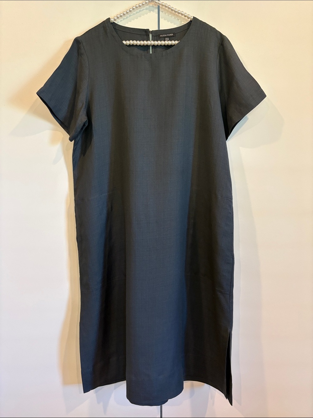 Eileen Fisher Linen Blend Midi Dress Short Sleeves Lagenlook Large Charcoal Gray
